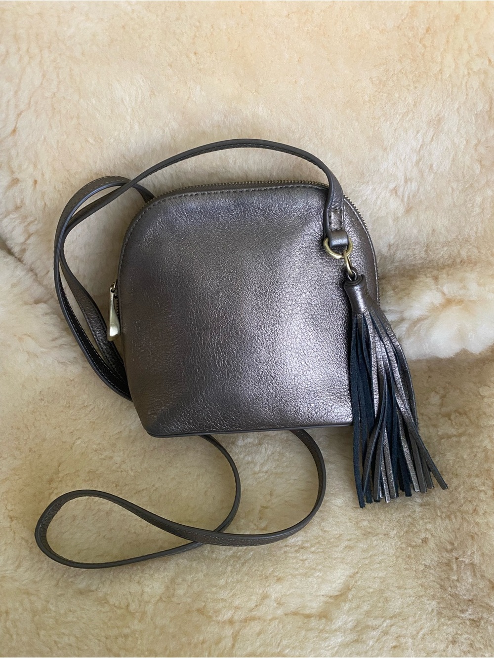 HOBO International Crossbody Bag Metallic Leather Nash Mini Pewter Boho Western